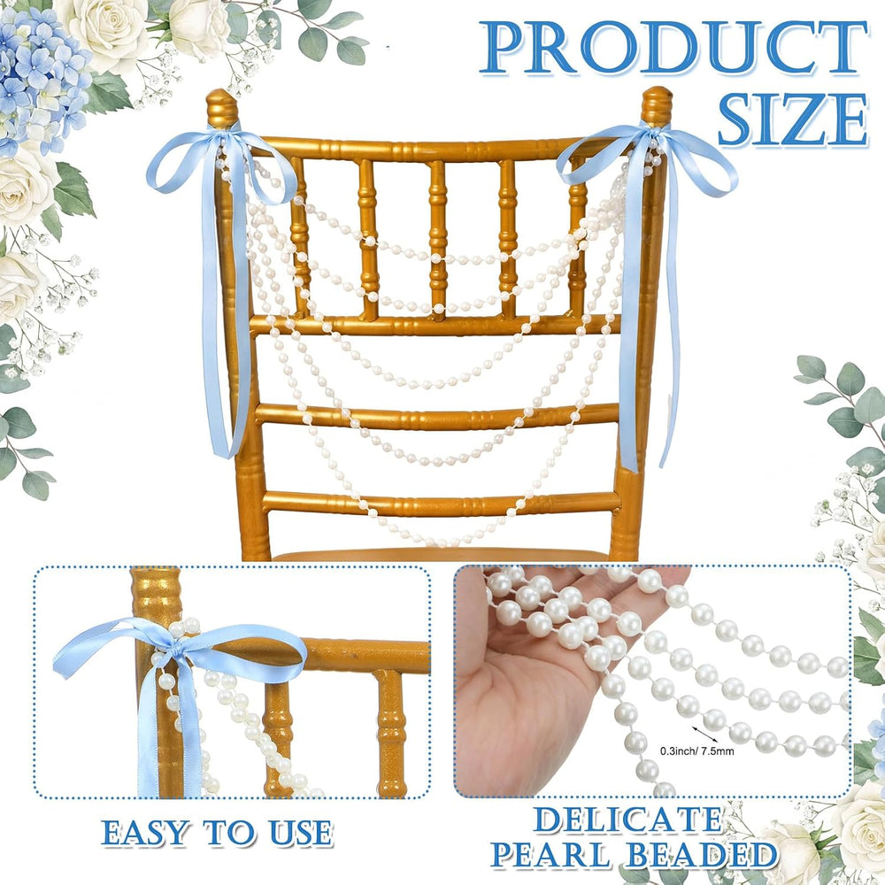 32 Pcs Pearl Garland Bow Chair Sashes Wedding, Blue