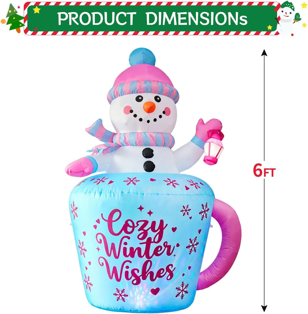 domkom 6ft christmas inflatables snowman in mug, adorable, side view