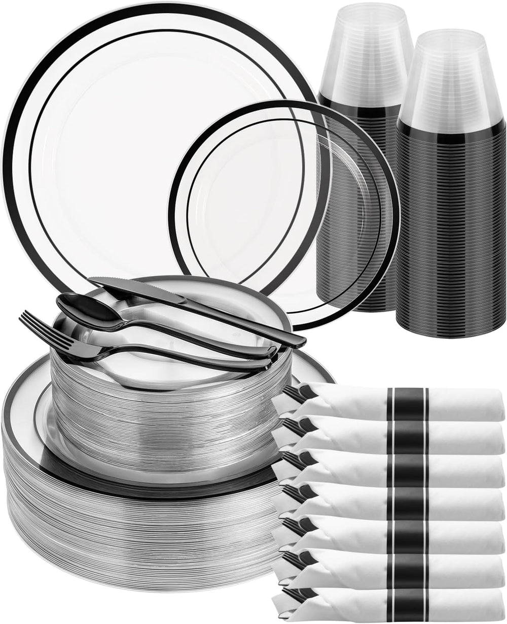 350 Pcs Clear Black Disposable Plastic Party Plate Cup Napkin Sets