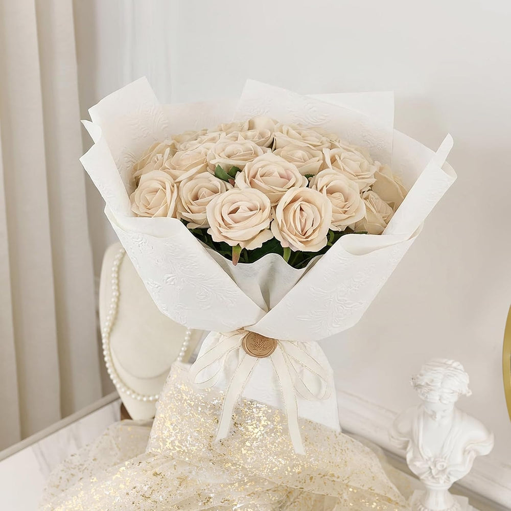 AmyHomie 48 PCS Champagne Roses, Velvet Realistic Fake Flowers w/Stems