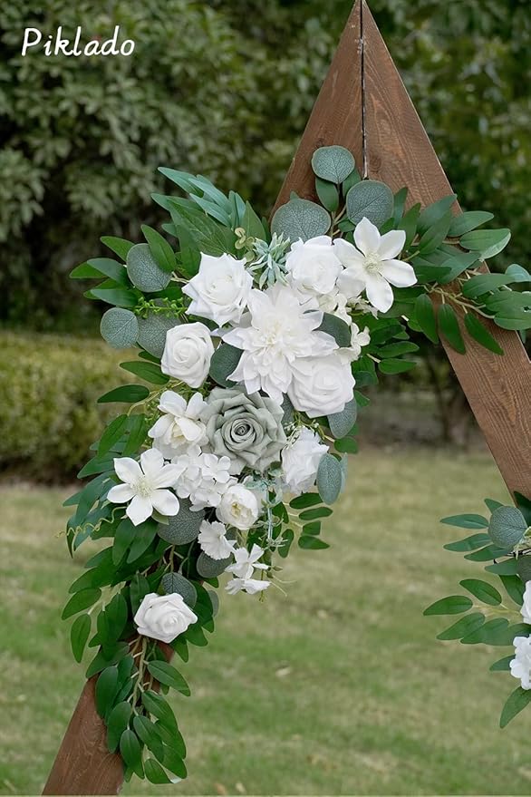 Faux Flower Swag Set of 2 for Wedding Welcome Signs Floral Swag Wedding Reception Ceremony Signs Decor (White & Green)