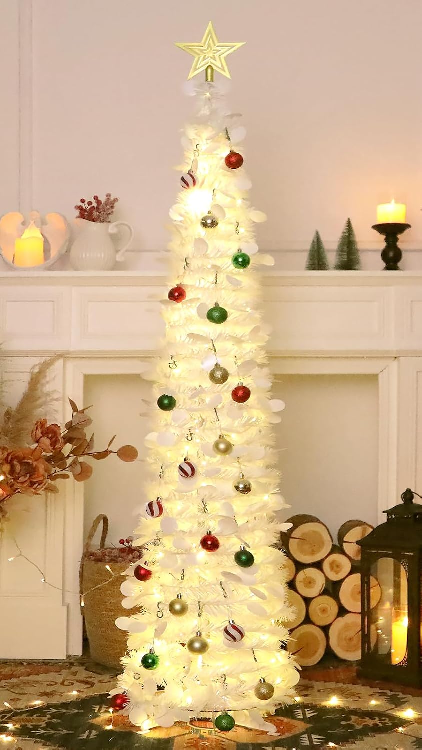5 FT Pop Up Christmas Tree with Timer Lights and Decorations, White Artificial Tinsel Christmas Tree with 24 Ball Ornaments, Collapsible Pencil Tree for Home, Office, Holiday Party