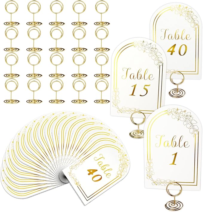 Wedding Table Numbers 1-40, 40 White Gold Cards with 40 Gold TableNumber Holders for Wedding Reception(Card and Holder) (Set of 40)