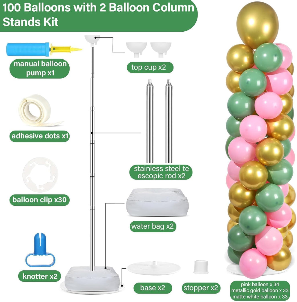 2 Sets Adjustable Balloon Column Stand Kit with Bases（Sage Green Pink Gold）