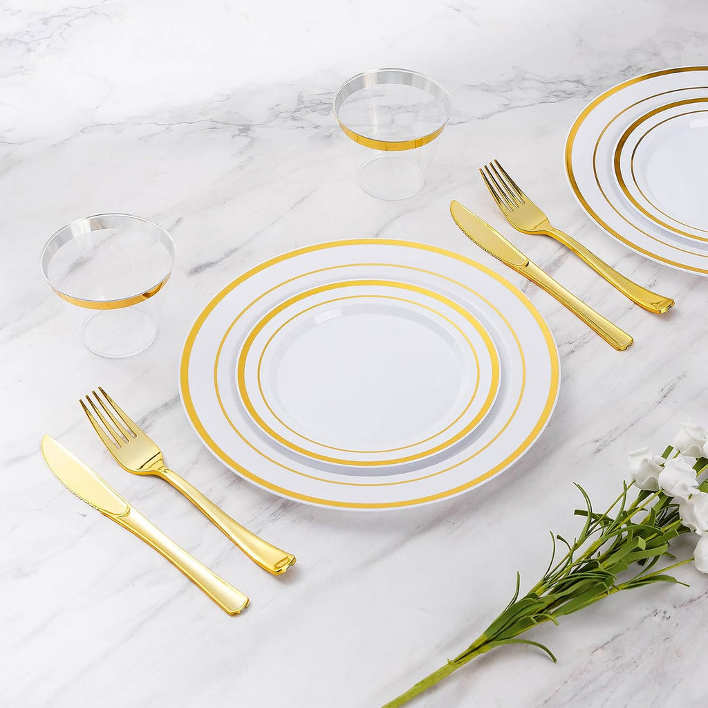 goodluck 600 pieces gold disposable plastic plates for shown in use