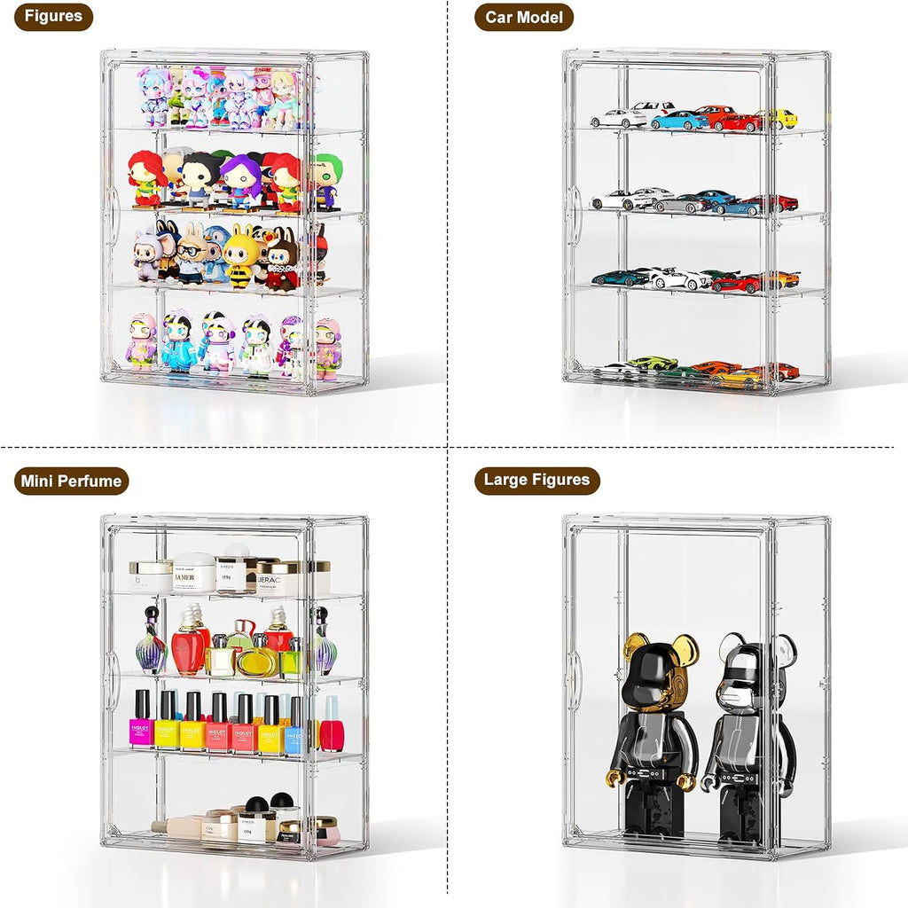 Clear 4 Tiers Acrylic Display Case for Figures Collectibles Wall Mounted Hobby Figurine Display Case with Shelves, Display Shelf Storage Box for Labubu Action Figures, Car Model, XXL, 2 Pack