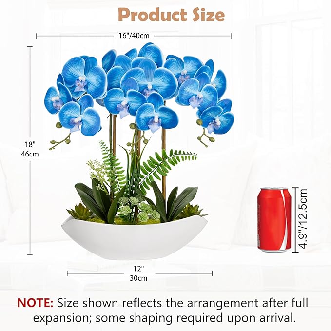 Briful Blue Orchid Artificial Flowers 18in Fake Orchid Silk Flowers with Ceramic Pot Faux Orchid Arrangement for Home Office Room Coffee Table Shelf Modern Decoration