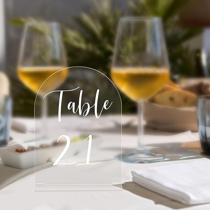JOYIT Arch Wedding Table Numbers 1-30 with Stands – 5" X 7" Acrylic Table Signs with Clear Background White Text, Perfect Acrylic Table Numbers for Wedding Receptions, Parties, Anniversaries, and Events