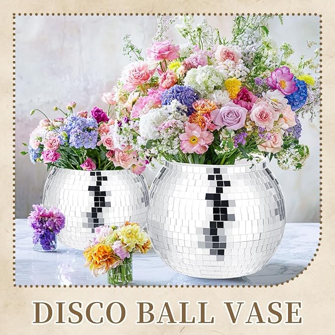 4 Pcs Disco Ball Vases,Plastic Disco Ball Centerpieces 6" X 6.7" Disco Ball Decor Silver Mirror Disco Ball Planter Can Be Used for Wedding Centerpieces,Birthday,Office