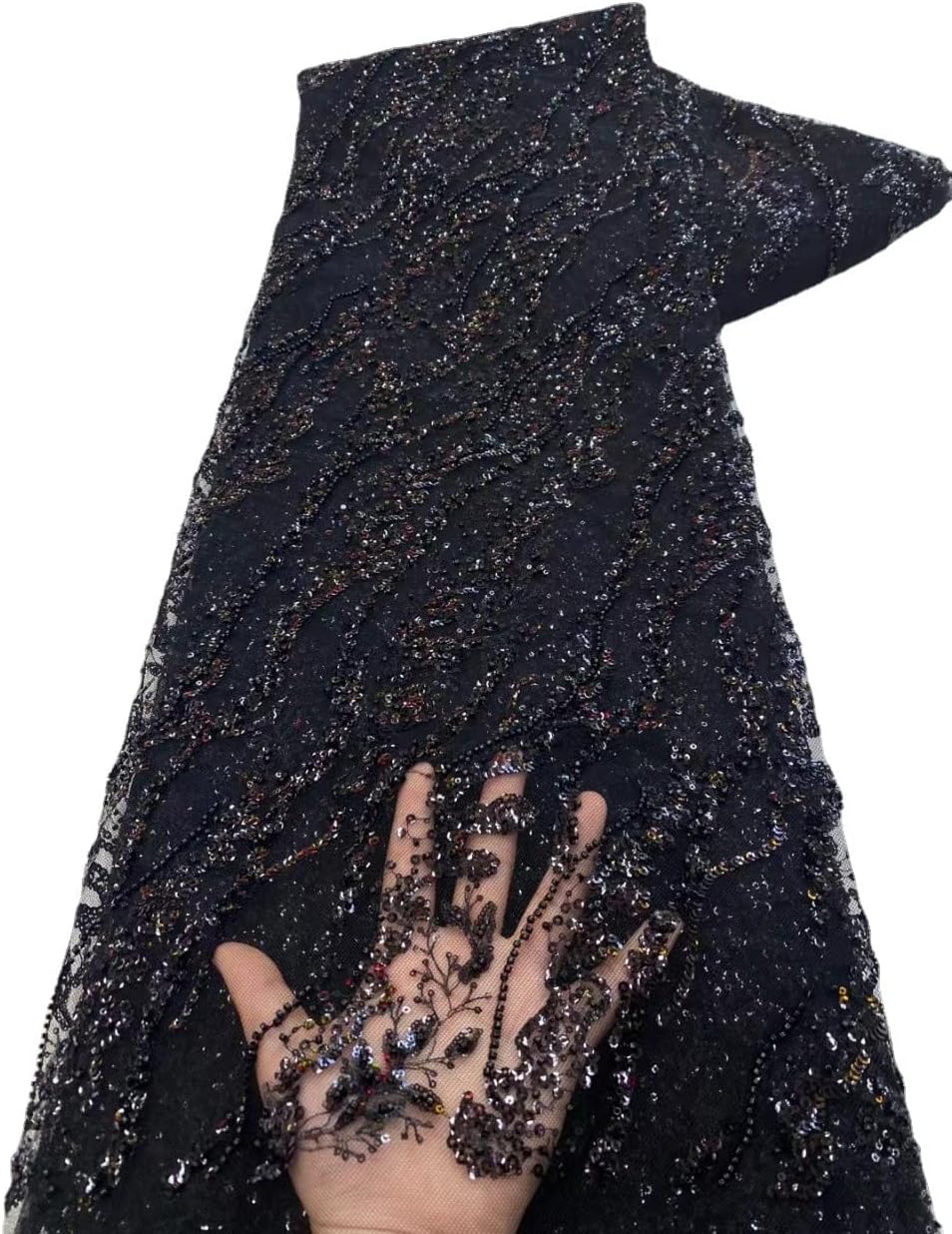 Embroidered Sequin African Lace Heavy Craft Beading Glitter Floral French Tulle Net Fabric for Trailing Dress, 5 Yards, Black