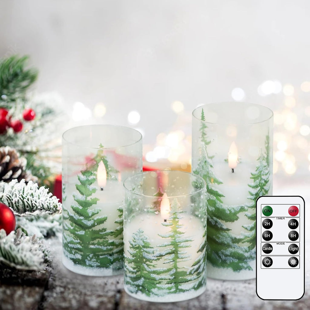 glass flameless christmas tree pillar candles with remote showing dimensions