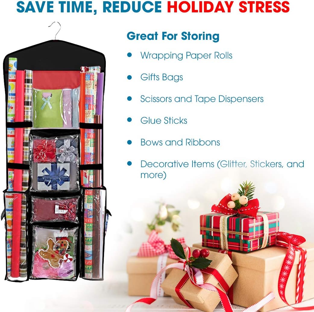 ProPik Hanging Double Sided Wrapping Paper Storage Organizer With Multiple Pockets Organize Your Gift Wrap, Gift Bags Bows Ribbons 40"X17" Fits 40 Inch Rolls Clear PVC Bag (Black)