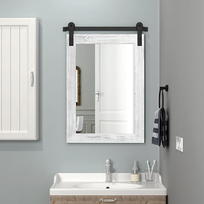 COGOOD Farmhouse Bathroom Mirror - 30 x 21 Rustic Wood Framed Wall Barn Door Mirror for Entryway, Living Room, Vanity Wall Decor (White)