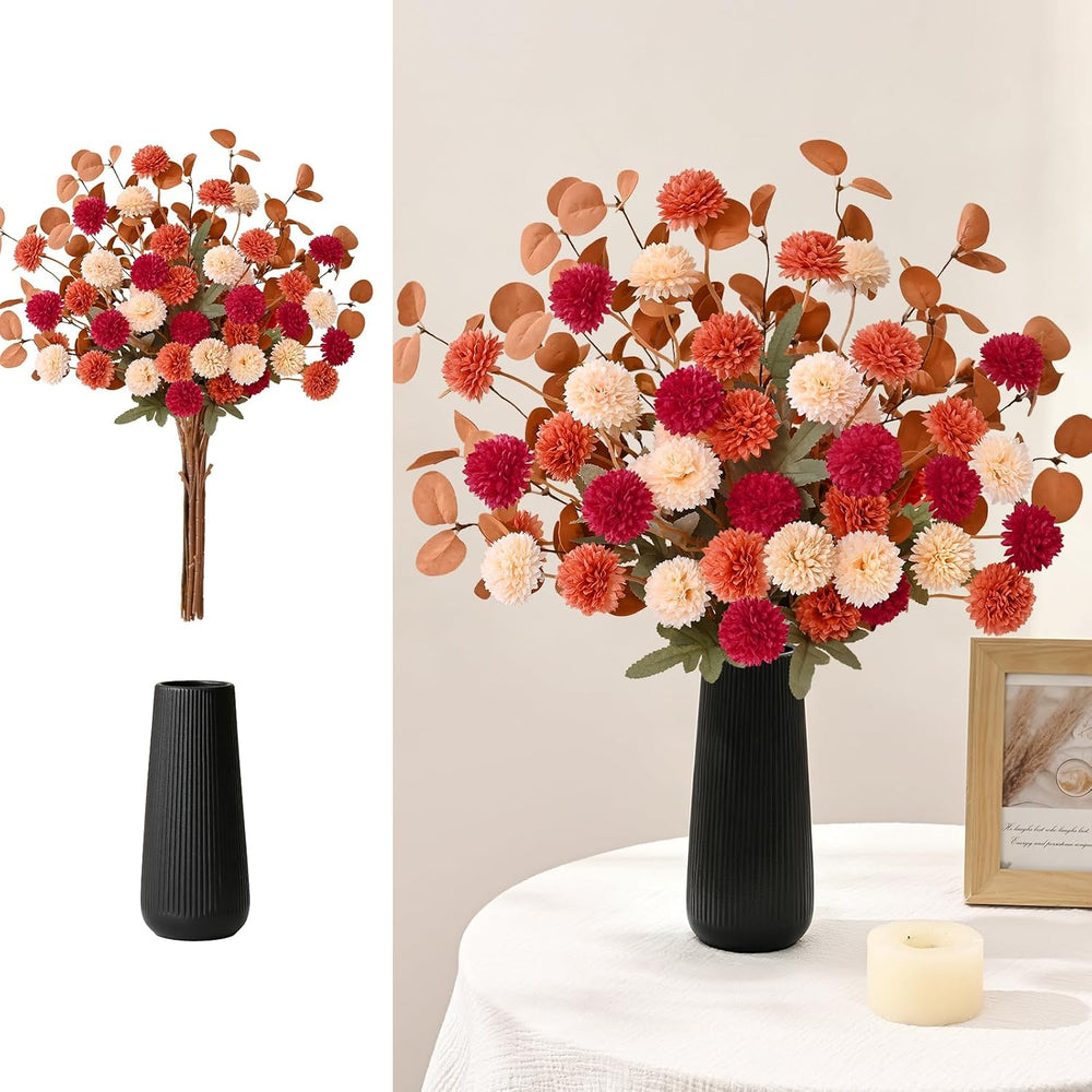 12 Pcs Realistic Fall Flowers Fake Mums with Vase, Full Silk Pompon Bulk