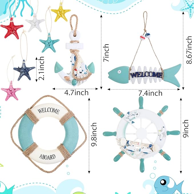 Marsui 11 Pcs Wooden Nautical Wall Decor Fishing Net Decorations, Include Decorative Fishing Net, Ship wheel, Fish Skeleton, Life Ring, Anchor, Starfish Beach Decor for Mediterranean Party (Teal)