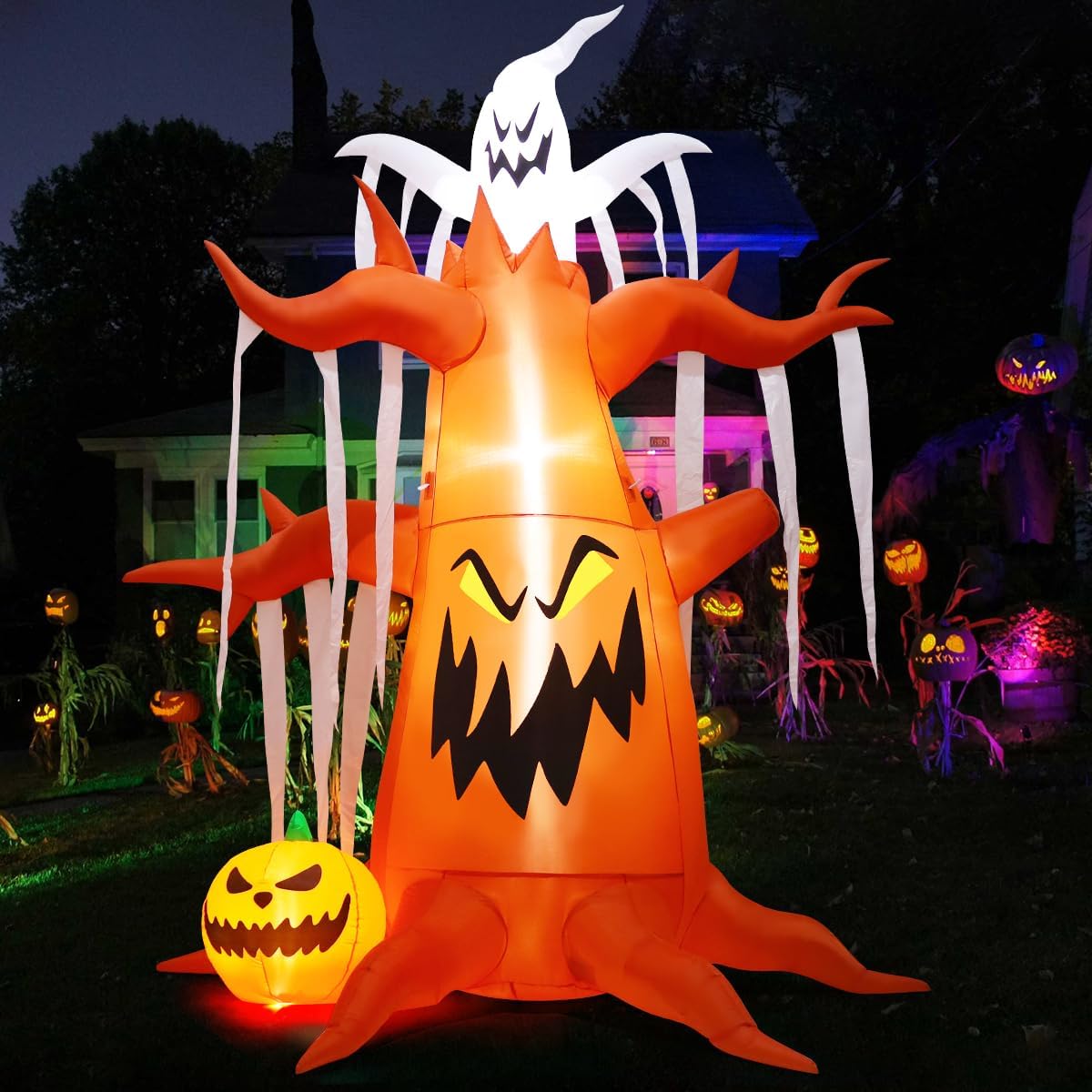 GOOSH 10 FT Halloween Inflatables Tree Outdoor Decorations Blow Up Yard Scary Dead Tree with Pumpkin and Ghost with Built-in LEDs for Garden Lawn Indoor Party Decor