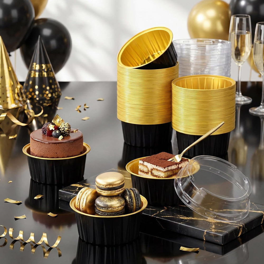 Gejoy 600 Pcs Aluminum Foil Baking Cups with Lids, Classic, Black and Gold