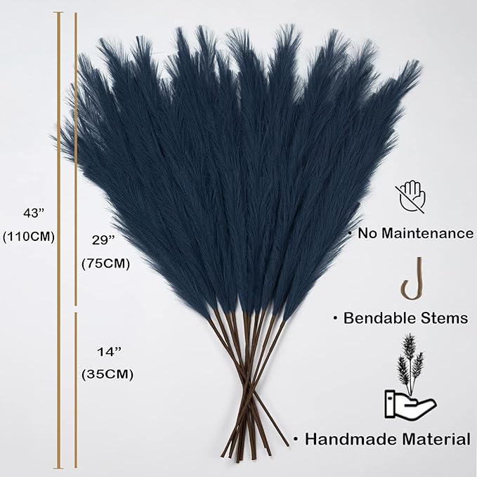 Faux Pampas Grass 6 Stems, Artificial Pampas Grass - 43 inch Total Extra Large Pompass Grass Tall Pompous Boho Flower Arrangement and Floor Vase Filler Home Decor for Room Wedding Party (Blue)