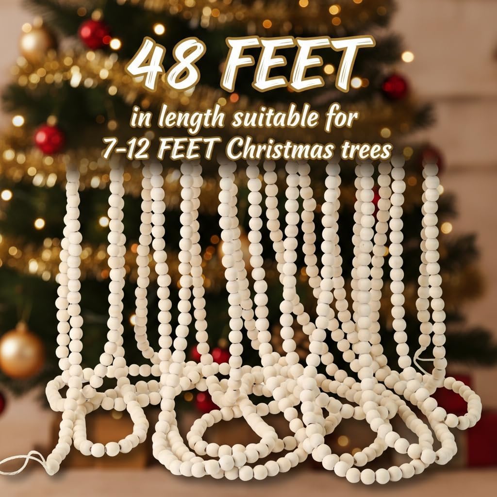 48ft extra long christmas wood bead garland for, close-up detail