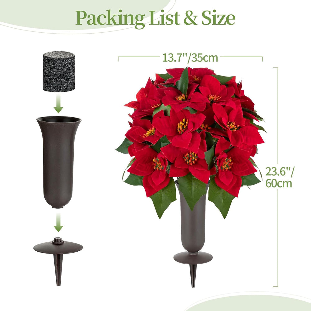 Christmas Cemetery Flowers for Grave: Poinsettia, 2 Pcs with Vase