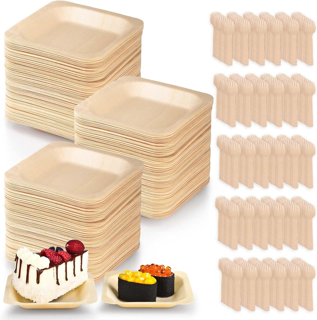CONLI 300 Pcs Square Disposable Wood Bowls Bamboo Appetizer Plates