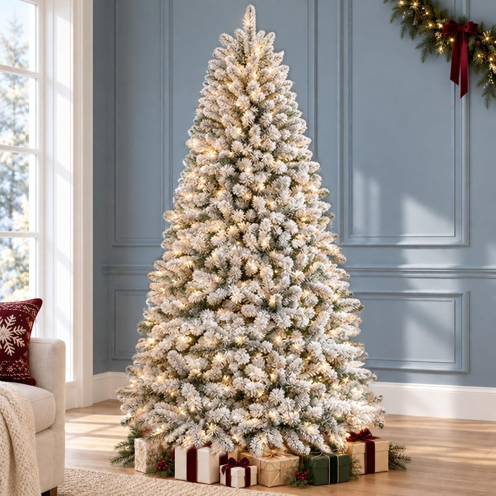 7ft Prelit Artificial Flocked Snow Spruce Christmas Tree Xmas,White