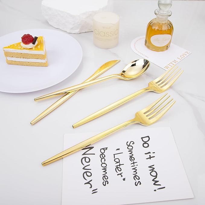 PULOTE 150PCS Gold Plastic Silverware Disposable - Heavy Duty Gold Plastic Cutlery - Gold Plastic Utensils Set Include 50 Knives,50 Forks,50 Spoons for Party&Wedding