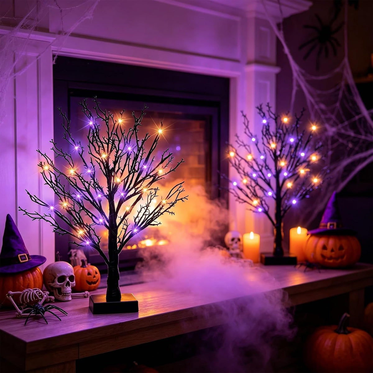 Halloween Decor Indoor, 2 Pack 24 Inch Black Halloween Tree Set, 48 Orange & Purple LED Lights, USB & Battery Powered Tabletop Spooky Twig Trees with 6H Timer, Creepy Halloween Decorations for Mantels