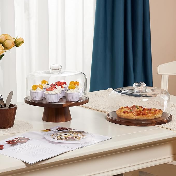 Wooden Cake Stand with Lid, Acacia Cake Stand with Glass Dome, 11-Inch Versatile Dessert Stand with Strong Magnetic Pedestal, Cake Holder for Birthday/Kitchen/Party/Charcuterie