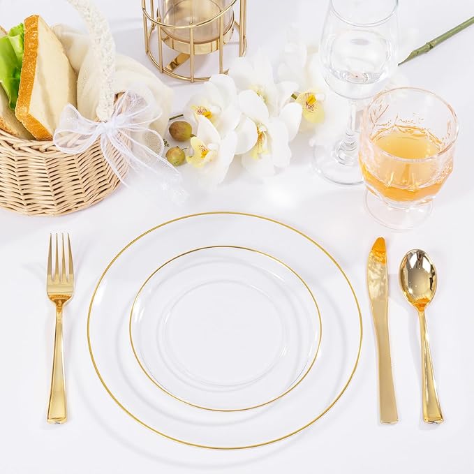 bUCLA 100PCS Clear and Gold Plastic Plates - Clear Disposable With Gold Rim Include 50 Each (10 inch Dinner & 7 inch Dessert) Plates, Ideal for Party & Thanksgiving