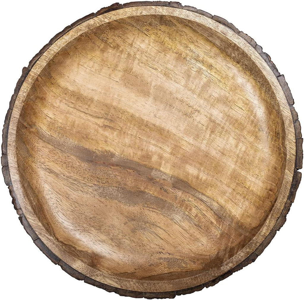 gocraft round wooden serving platter with tree bark, close-up detail