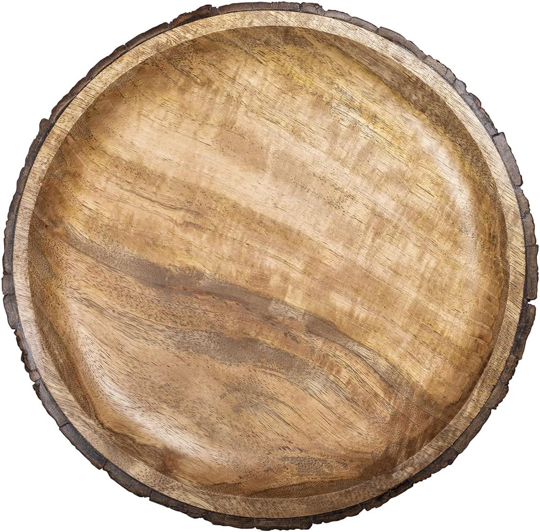 gocraft round wooden serving platter with tree bark, close-up detail