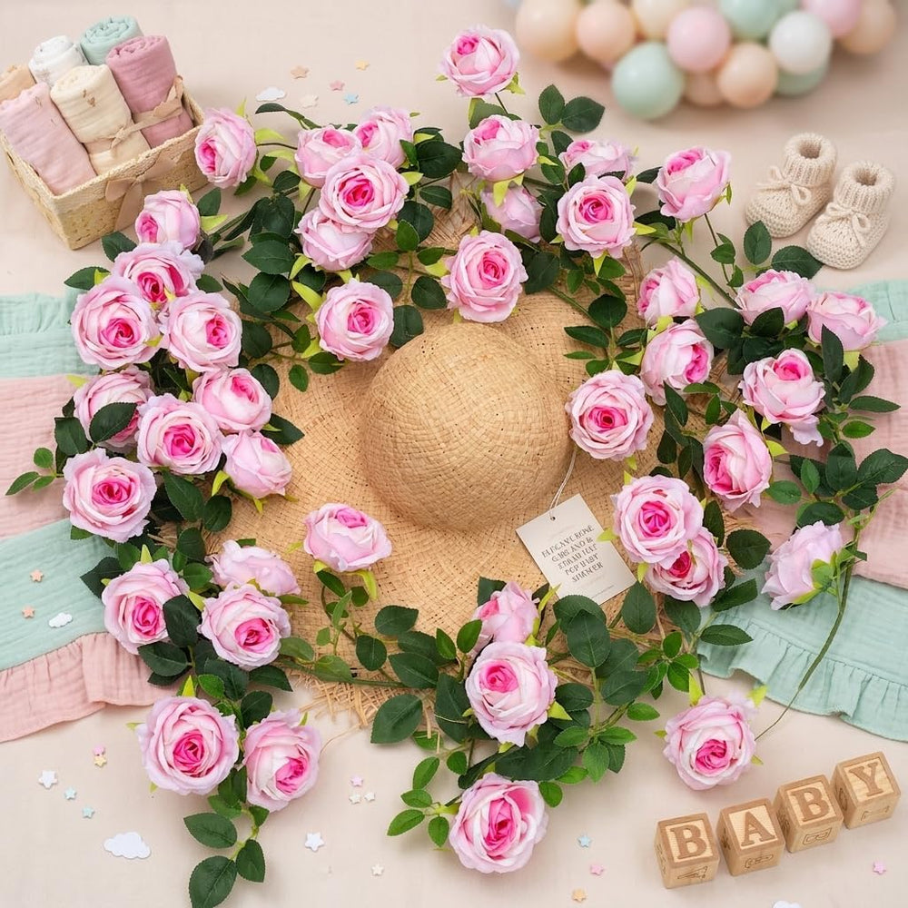 2Pcs 12Ft Bendable Flower Garland Faux Rose Vine for Wedding Decor,Pink