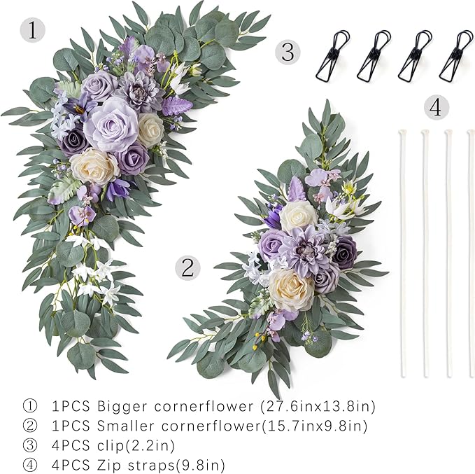 ponatia Wedding Arch Flowers (Pack of 2), Artificial Purple Flowers for Wedding Welcome Signs Decorations and Arch Flower for Ceremony Reception Decoraction (Lilac & Cream)