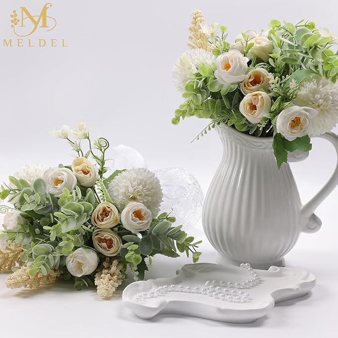 Meldel 3Pcs Rose Bouquet White&Champagne Artificial Flowers Eucalyptus Plants Silk Flower Arrangements Wedding Bouquets Decorations Plastic Floral Centerpieces for Home Kitchen Garden Party Decor