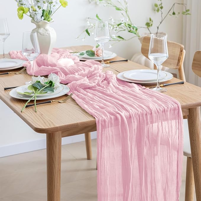 Asee'm 12pcs Cheesecloth Table Runner 120 Inches Blushing Pink Boho Gauze Cheese Cloth Runner 10FT Rustic Sheer Table Runners for Summer Wedding Baby Shower Holiday Party Decoration