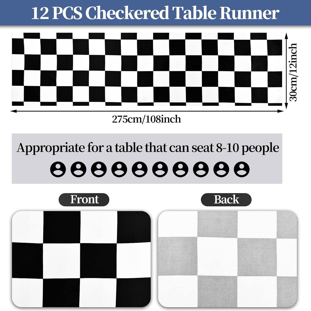 12 Pack Checkered Table Runner 12x108 Inch Black and White Checkerboard Racin...