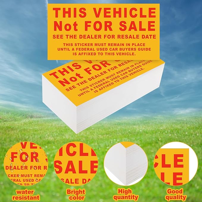 500 Pcs Car Dealership Supplies This Vehicle Not for Sale Stickers Car Dealer Yellow and Red Lettering Decal Adhesive Compliance Sticker for Vehicle Window, 6 x 3 Inches