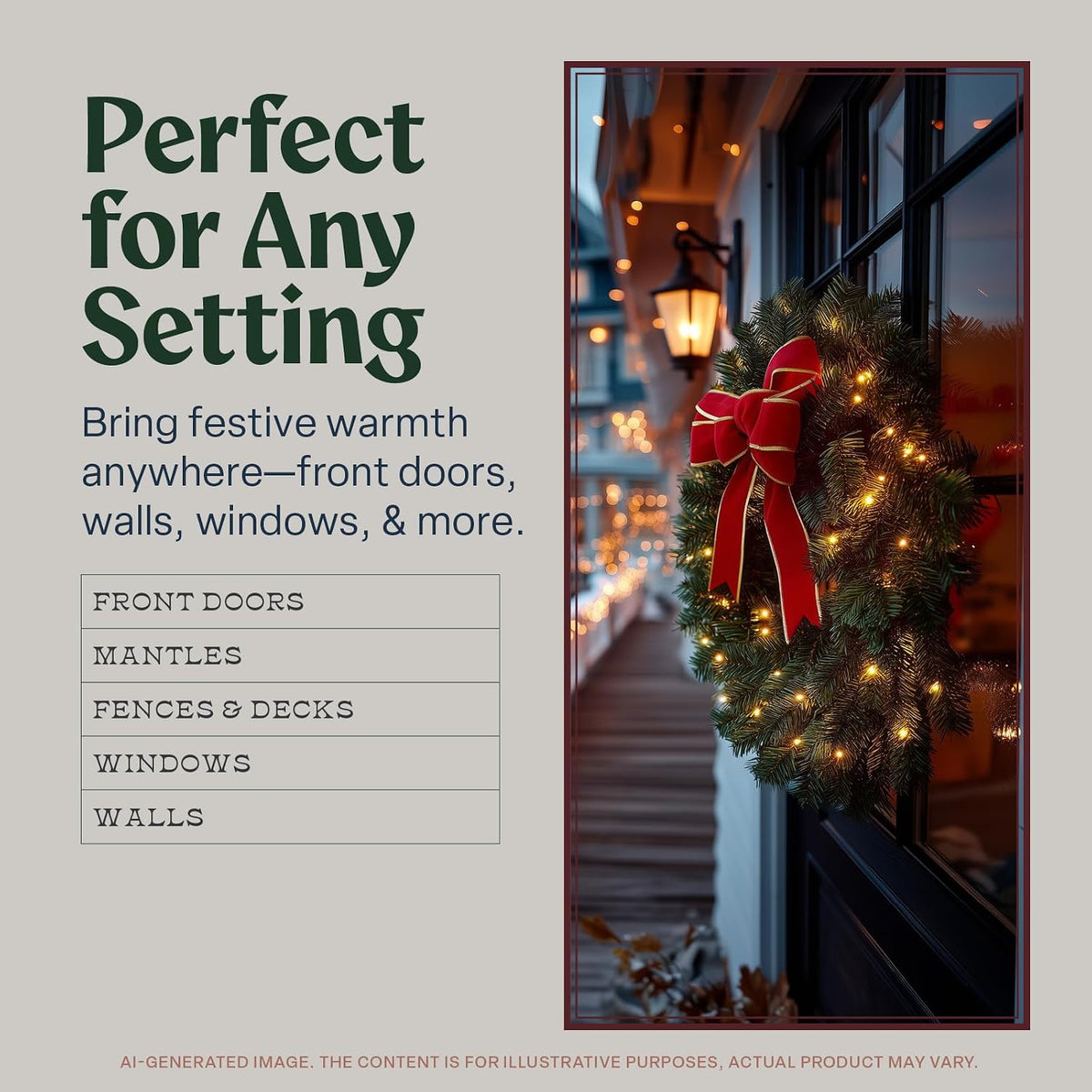 Flexible Flyer Battery Operated Wreath for Front Door. Pre-Lit Evergreen Xmas Lighted Holiday Christmas Outdoor Timer, 24", Red Ribbon Bow