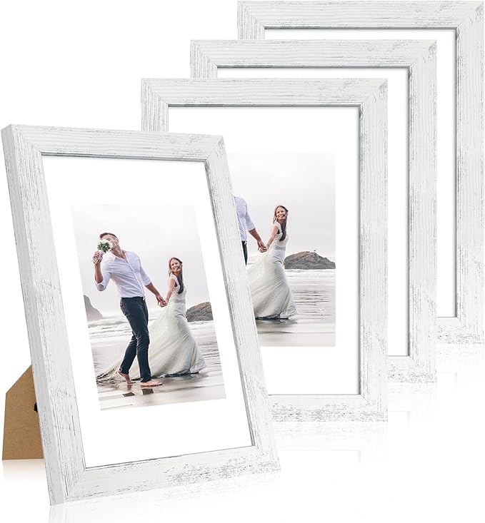 8x12 Picture Frame Set of 4 with High Definition Glass, Distressed White Frame Display 6x8 Picture with Mat or 8 x 12 Without Mat, Wood Rustic Photo Frames for Tabletop and Wall Mounting