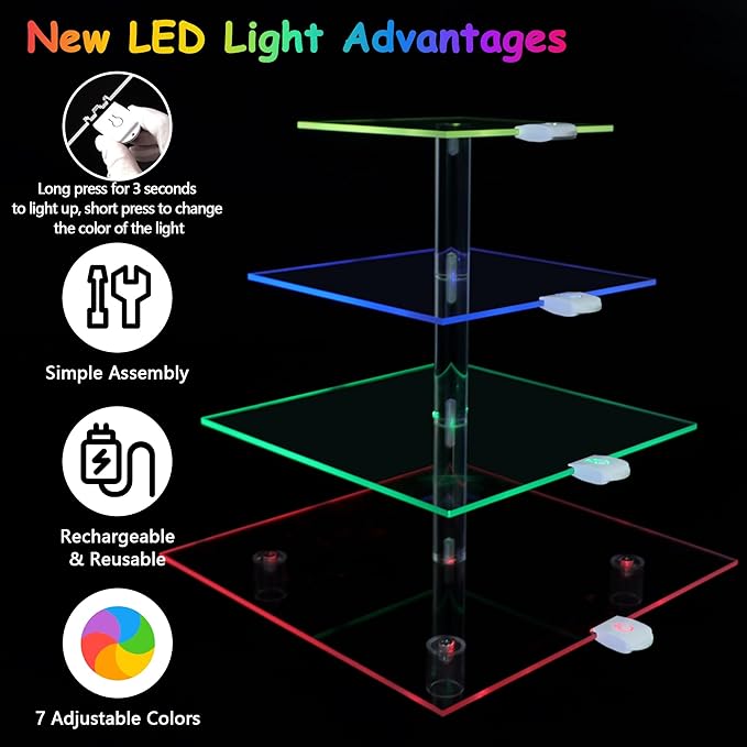 Rechargeable LED Cupcake Stand for 50 Cupcakes, 7 Colors Light Clear Cupcake Holder, 4 Tier Cupcake Tower, Acrylic Dessert Table Display Set for Weddings, Christmas, Birthday, Parties