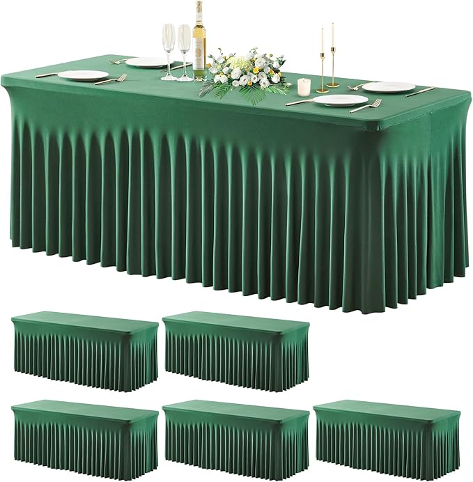 Wish Care 6 Pack Hunter Green Stretch Spandex Table Clothes for 8 Foot Rectangle Tables, 8FT Wrinkle Free Fitted Tablecloths Ruffles Design Table Cover for Party, Banquet, Wedding and Events