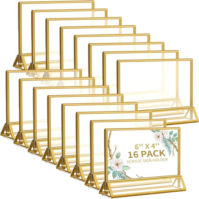 Smarpau 6x4 Gold Acrylic Sign Holder, 16 Pack Wedding Table Number Holders with Horizontal Stand, Double Sided Photo Picture Frames Stands, Flyer Stand, Paper Display Stand for Cafe, Restaurant