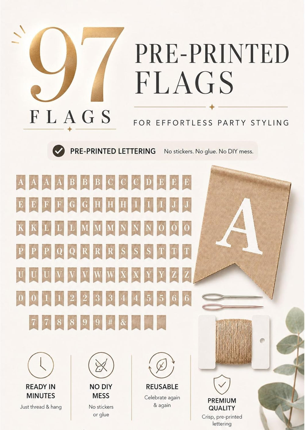 Pre-Printed Banner Kit – 97 BURLAP Flags with WHITE Letters, Numbers & Sy...