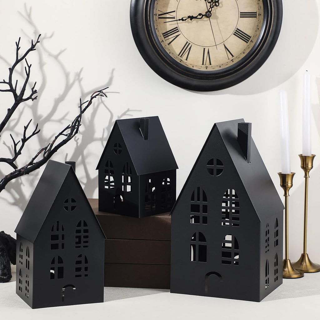 beeveer 3 pack metal halloween haunted houses black, close-up detail