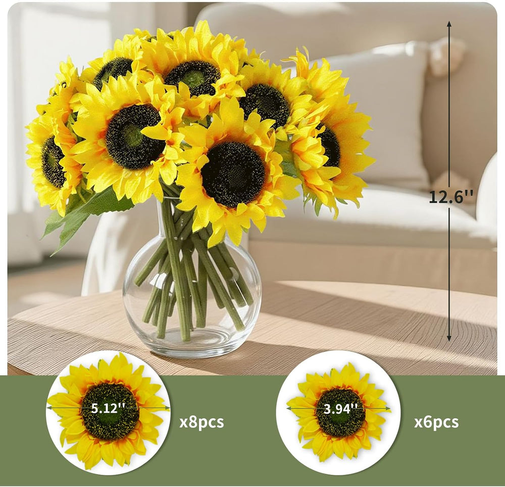 14Pcs Realistic Silk Sunflowers Artificial Flowers,12.6''Fake Sunflowers