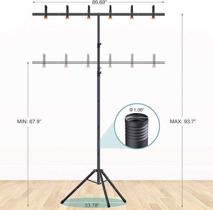 T-Shape Backdrop Stand 8x7.2FT, Height and Width Adjustable Background Stand for Parties,Green Screen Holder with 6 Spring Clamps