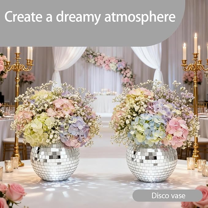 6 Pcs Disco Ball Vases,6" X 6.7" Disco Ball Centerpieces Decor,Silver Mirror Plastic Vase Disco Ball Planter for Wedding,Birthday,Office Table Decorations