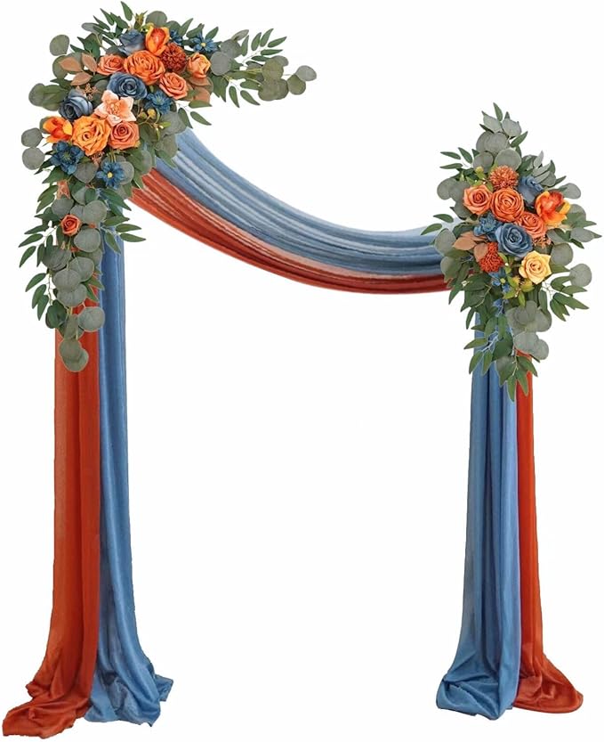 Artificial Wedding Arch Flowers Kit(Pack of 4),2Pcs Artificial Flower Arch Decor, 2Pcs Chiffon Fabric Drapes, Ceremony Decoration, Floral Outdoor Party Decor (Burnt Orange & Dark Teal)