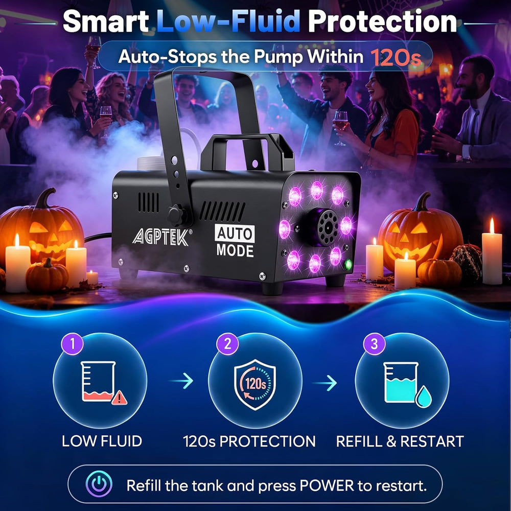 AGPTEK Fog Machine, 12 Colors, 600W Smoke Machine, Low Fluid Auto Shutoff